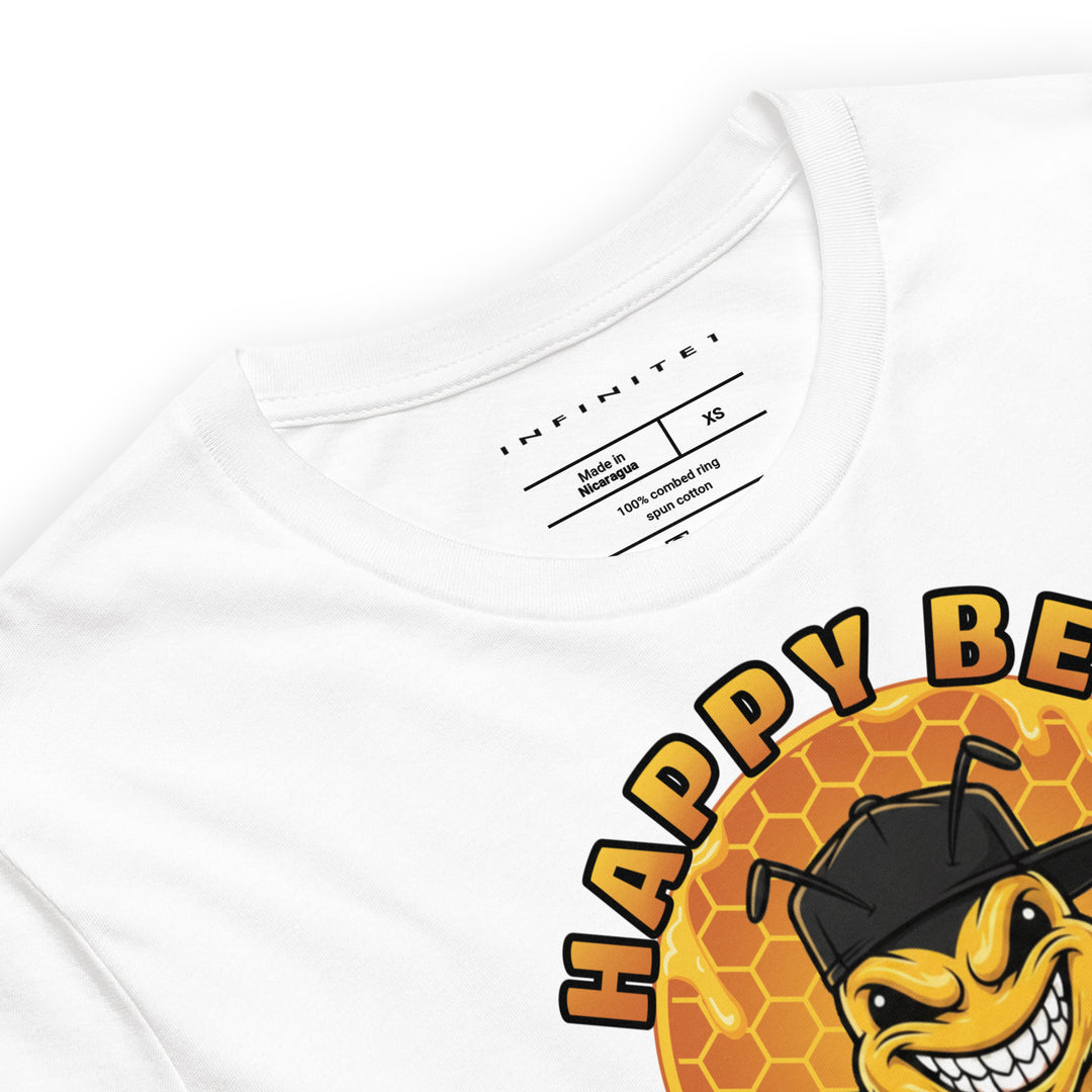 Happy Bee graphic tee in white — close-up front view | Infinite1