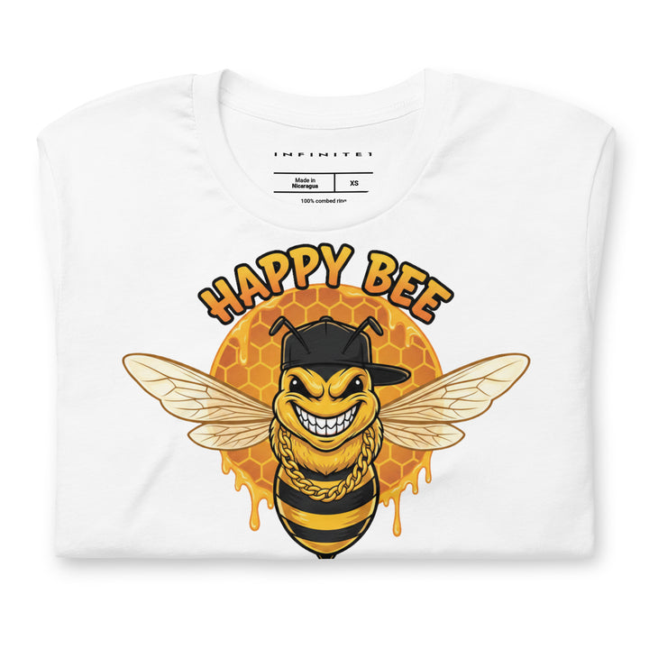 Happy Bee graphic tee in white — folded front | Infinite1