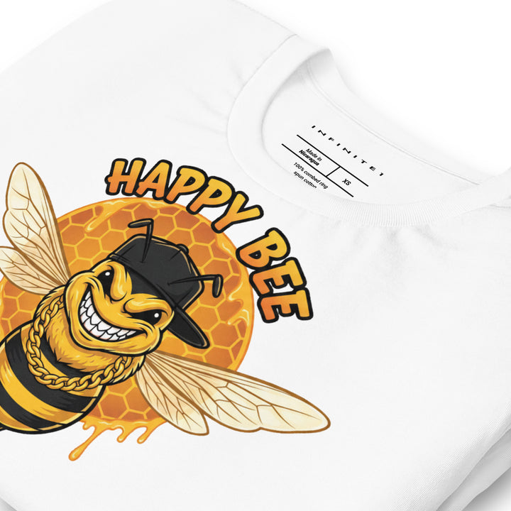 Happy Bee graphic tee in white — folded front left | Infinite1