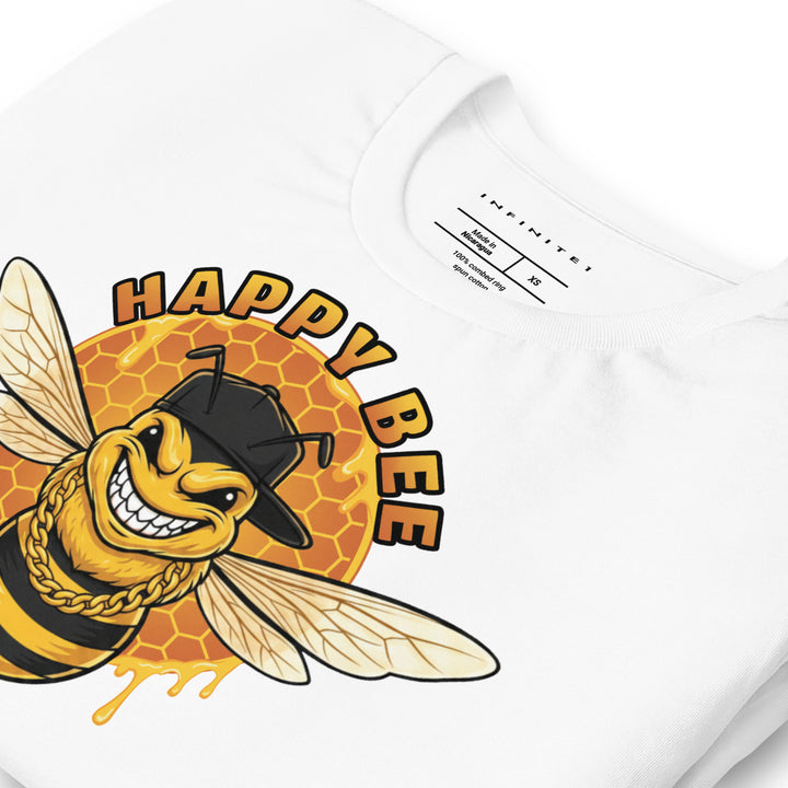 Happy Bee graphic tee in white — folded front left view | Infinite1