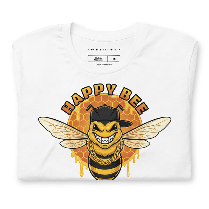 Happy Bee graphic tee in white — folded front view | Infinite1