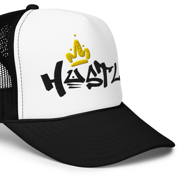 Hustle King Theme Embroidered Foam Trucker Hat, front right close-up view.