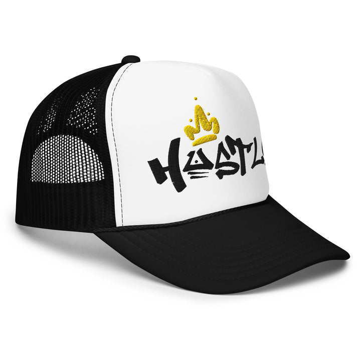 Hustle King Theme Embroidered Foam Trucker Hat, front right view.