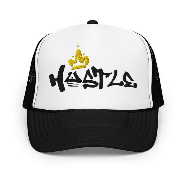 Hustle King Theme Embroidered Foam Trucker Hat, front view.