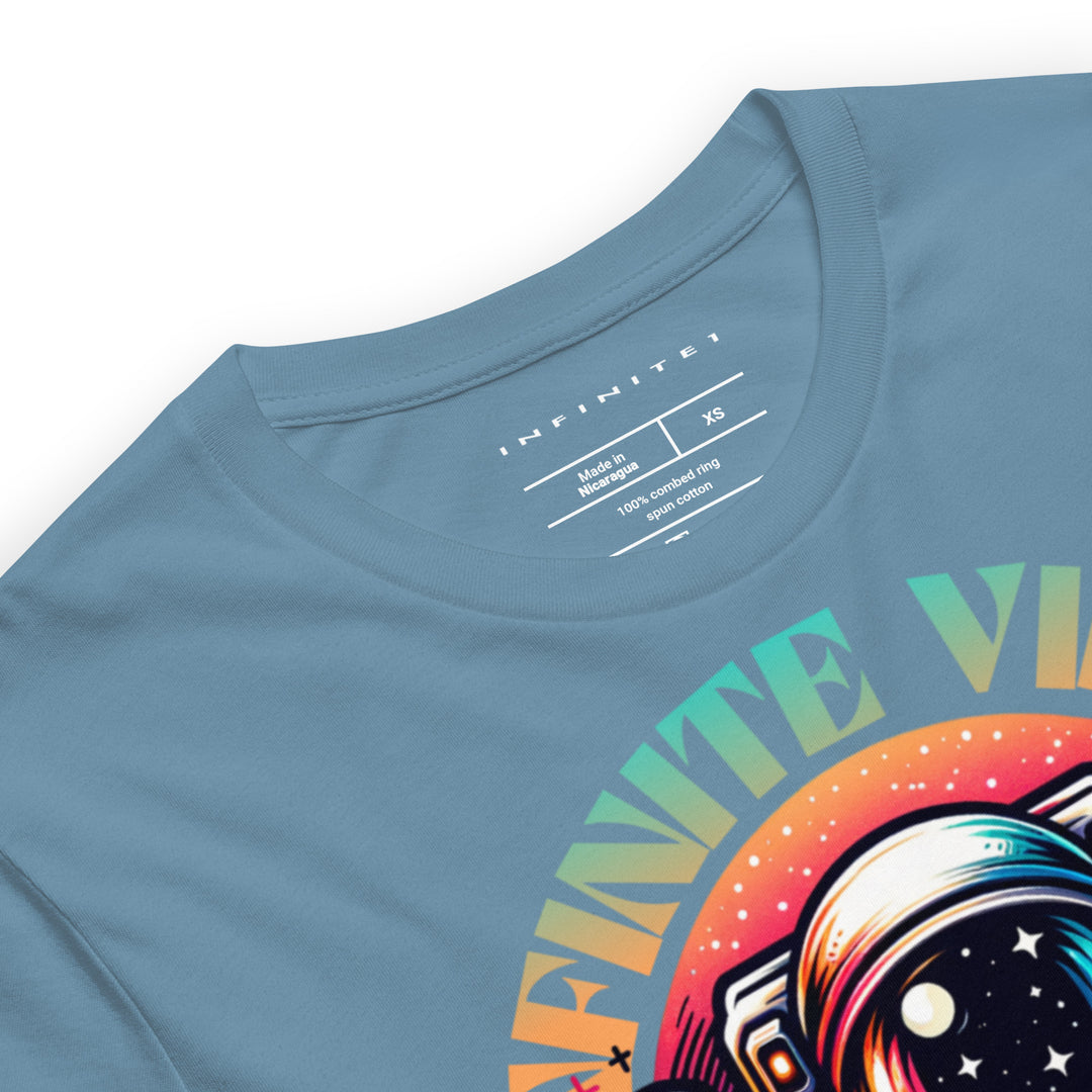 Infinite Vibes Cosmic Universe Graphic Tee in Steel Blue - Close-Up Front Detail