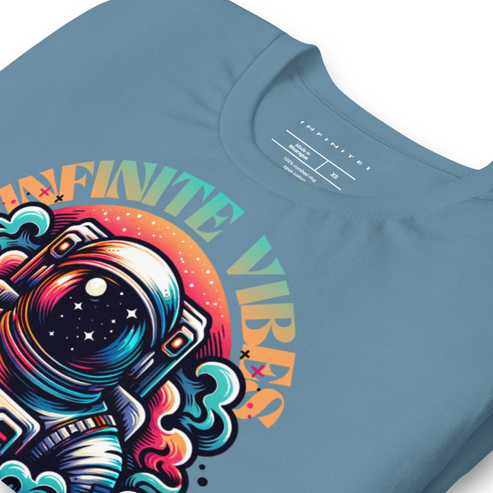 Infinite Vibes Cosmic Universe Graphic Tee in Steel Blue - Folded Front Left View