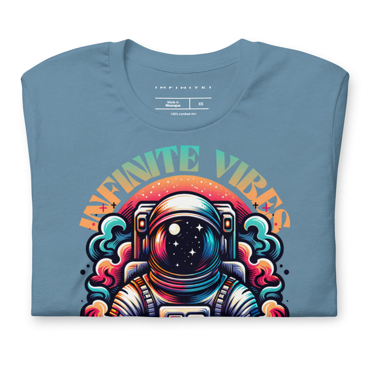 Infinite Vibes Cosmic Universe Graphic Tee in Steel Blue - Folded Front View