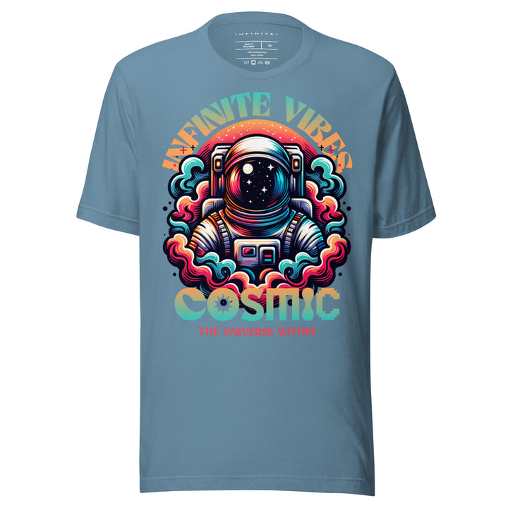 Infinite Vibes Cosmic Universe Graphic Tee in Steel Blue - Front View
