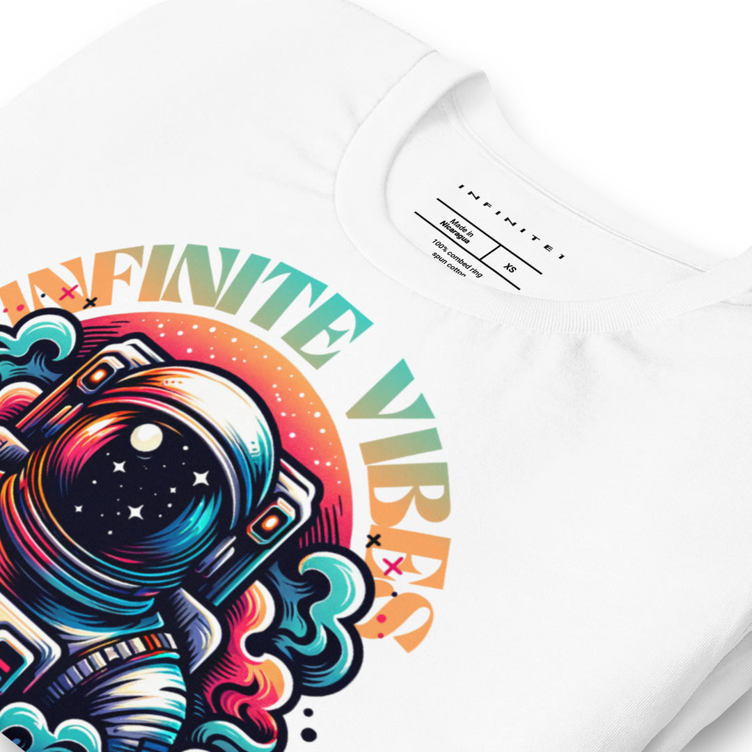 Infinite Vibes Cosmic Universe Graphic Tee in White - Folded Front Left View