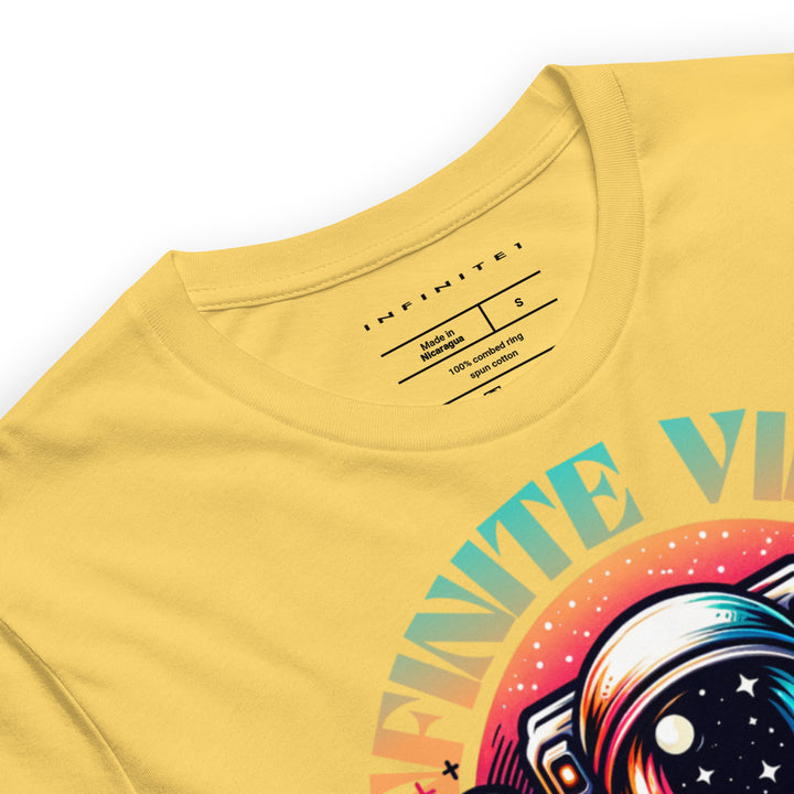 Infinite Vibes Cosmic Universe Graphic Tee in Yellow - Close-Up Front Detail