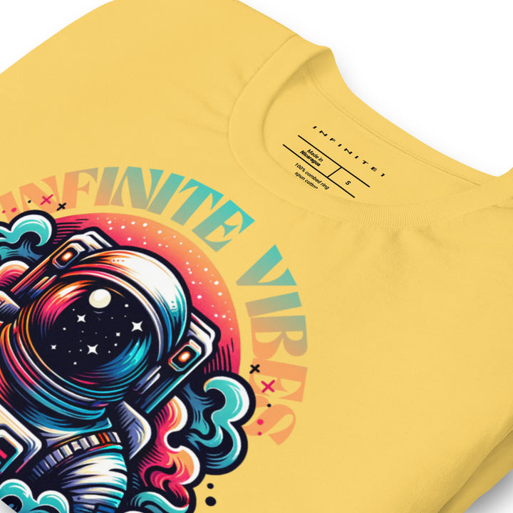 Infinite Vibes Cosmic Universe Graphic Tee in Yellow - Folded Front Left View