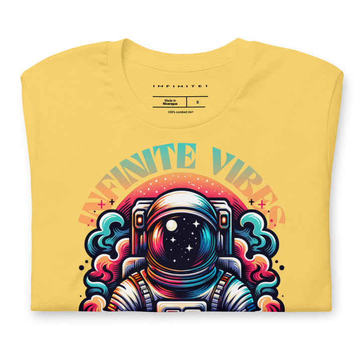 Infinite Vibes Cosmic Universe Graphic Tee in Yellow - Folded Front View