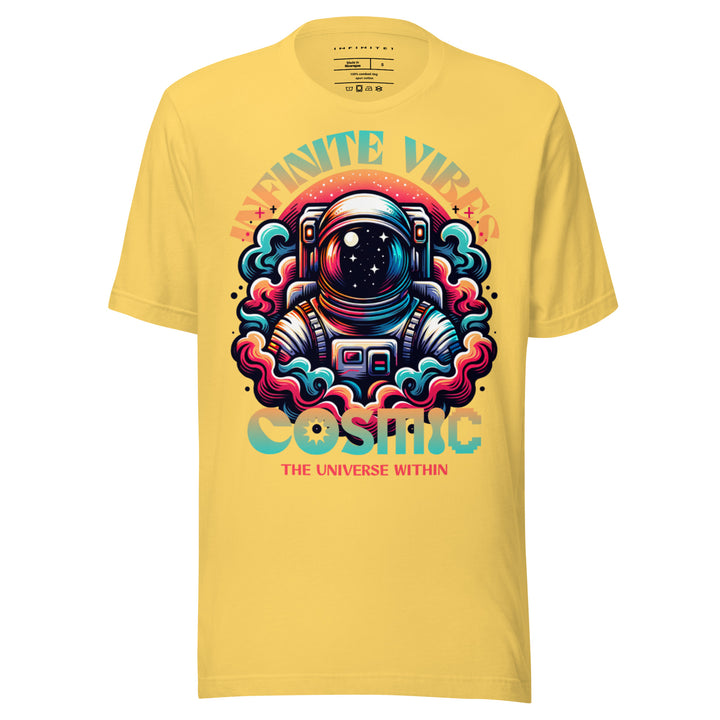 Infinite Vibes Cosmic Universe Graphic Tee in Yellow - Front View