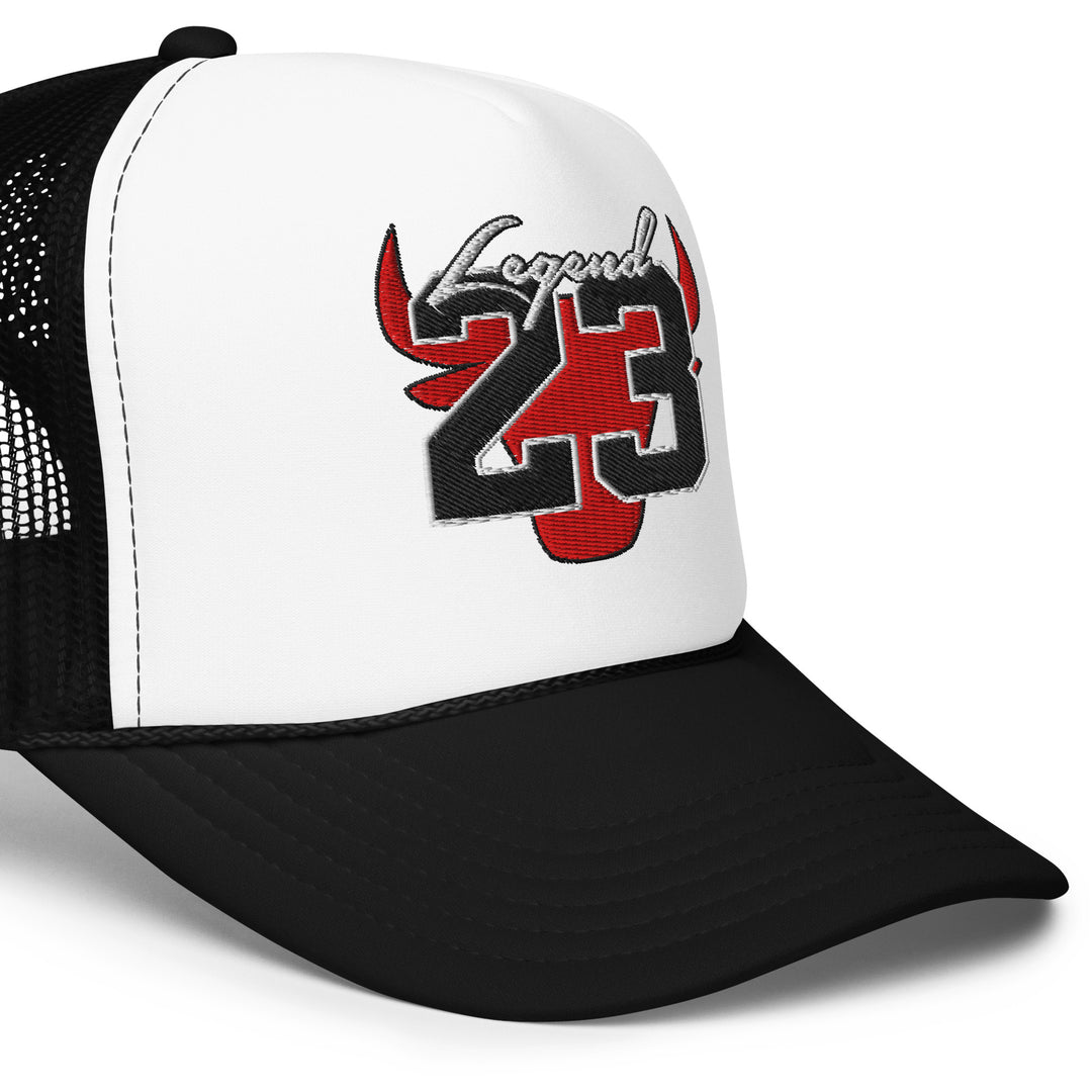 Legend 23 Embroidered Black And White Foam Trucker Hat, front right close-up view.