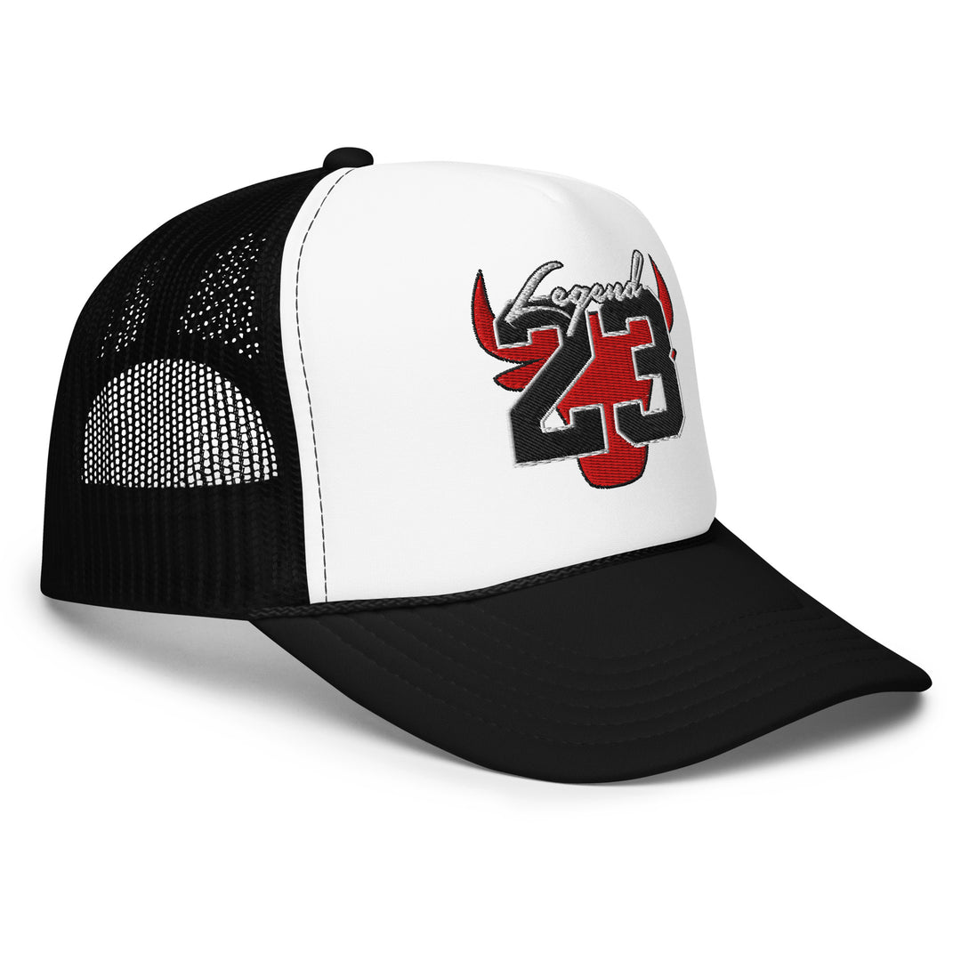 Legend 23 Embroidered Black And White Foam Trucker Hat, front right view.