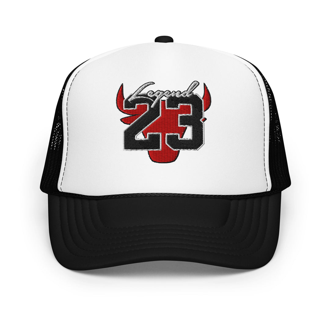 Legend 23 Embroidered Black And White Foam Trucker Hat, front view.