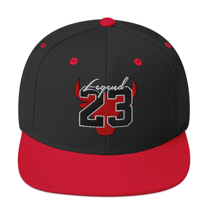 Legend 23 Tribute Embroidered Snapback Hat in Black and Red, front view | Infinite1