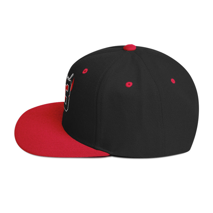 Legend 23 Tribute Embroidered Snapback Hat in Black and Red, left side view | Infinite1