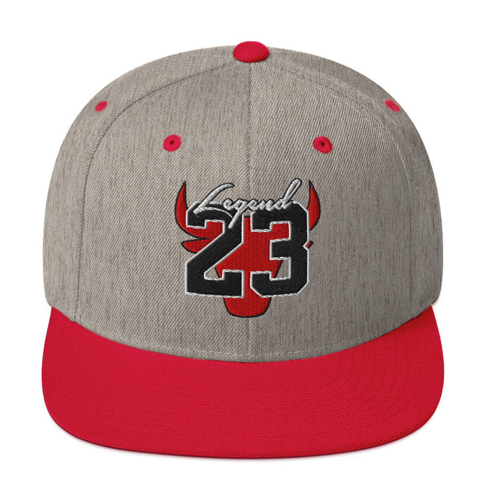 Legend 23 Tribute Embroidered Snapback Hat in Heather Grey and Red, front view | Infinite1