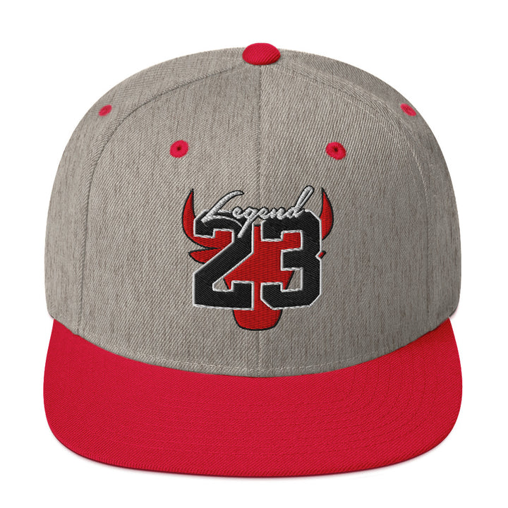 Legend 23 Tribute Embroidered Snapback Hat in Heather Grey and Red, front view | Infinite1