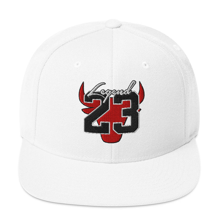 Legend 23 Tribute Embroidered Snapback Hat in White, front view | Infinite1