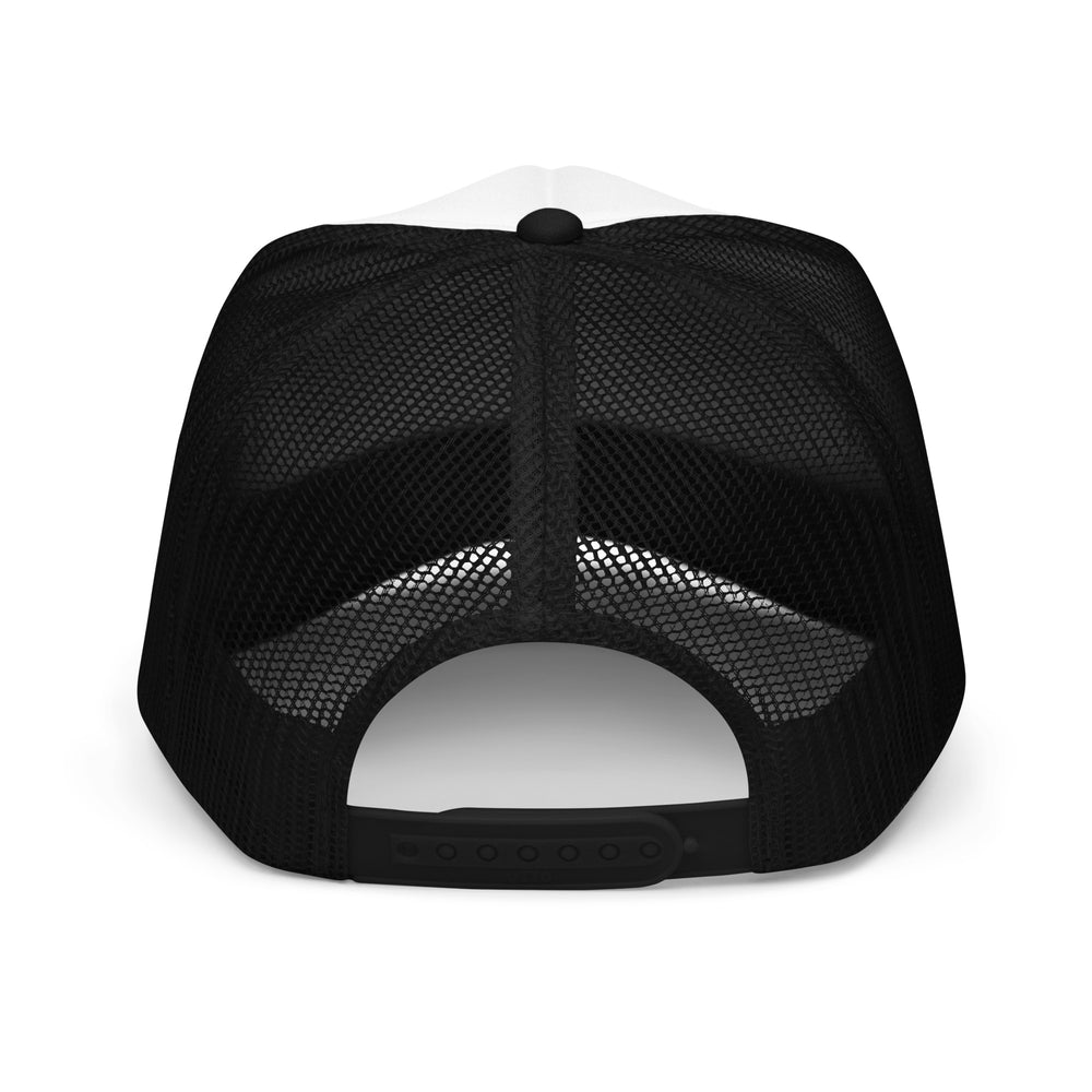 Love Theme And Graphic Embroidered Foam Trucker Hat, back view.