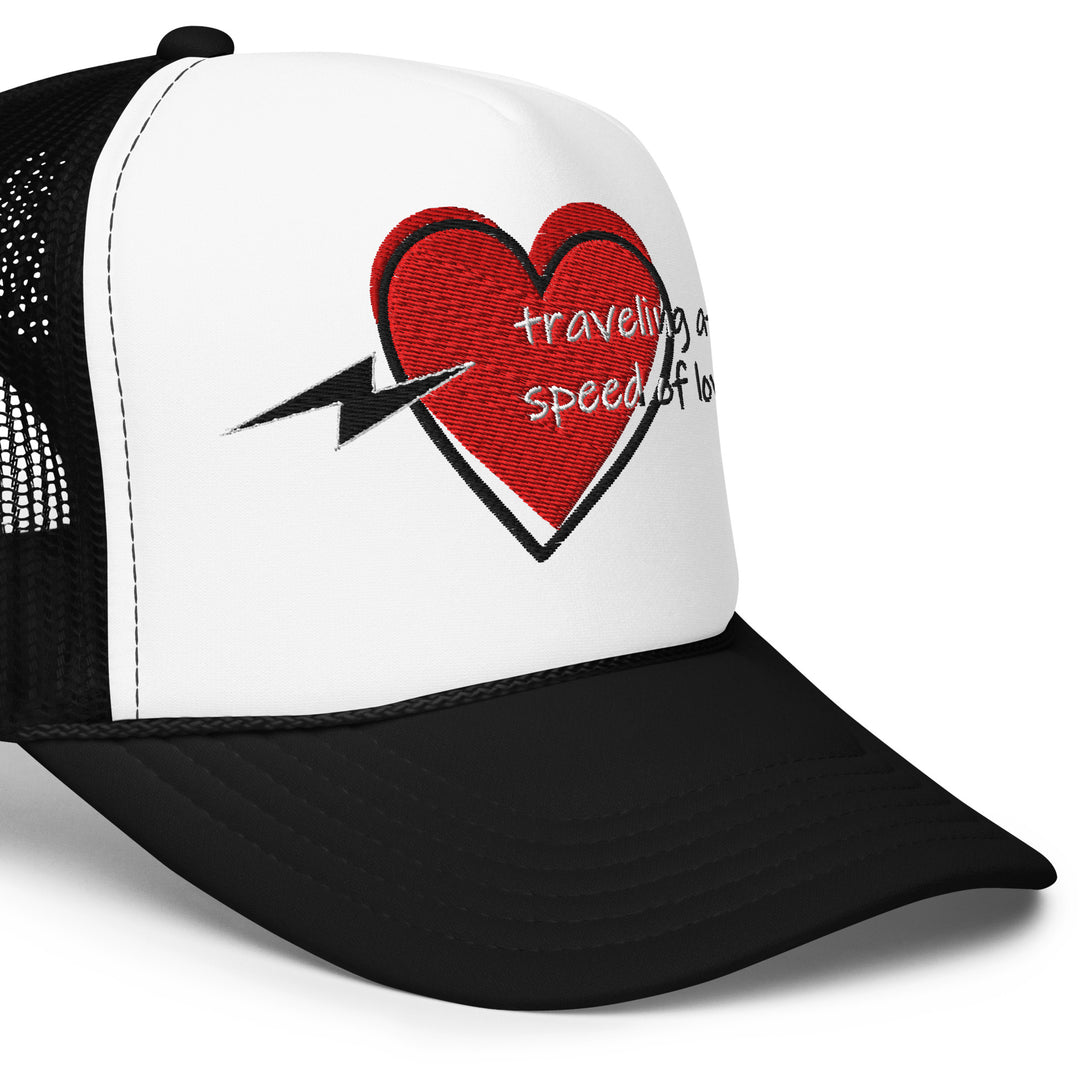 Love Theme And Graphic Embroidered Foam Trucker Hat, front right close-up view.