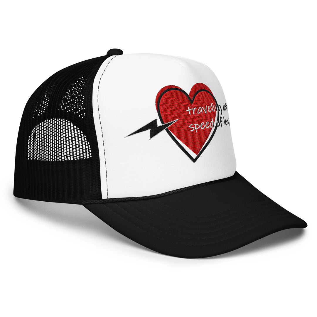 Love Theme And Graphic Embroidered Foam Trucker Hat, front right view.