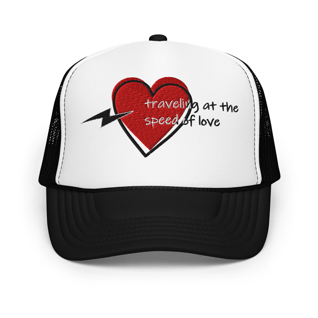 Love Theme And Graphic Embroidered Foam Trucker Hat, front view.