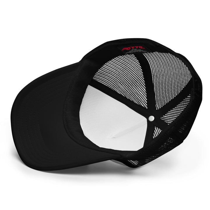 Love Theme And Graphic Embroidered Foam Trucker Hat, underside view.
