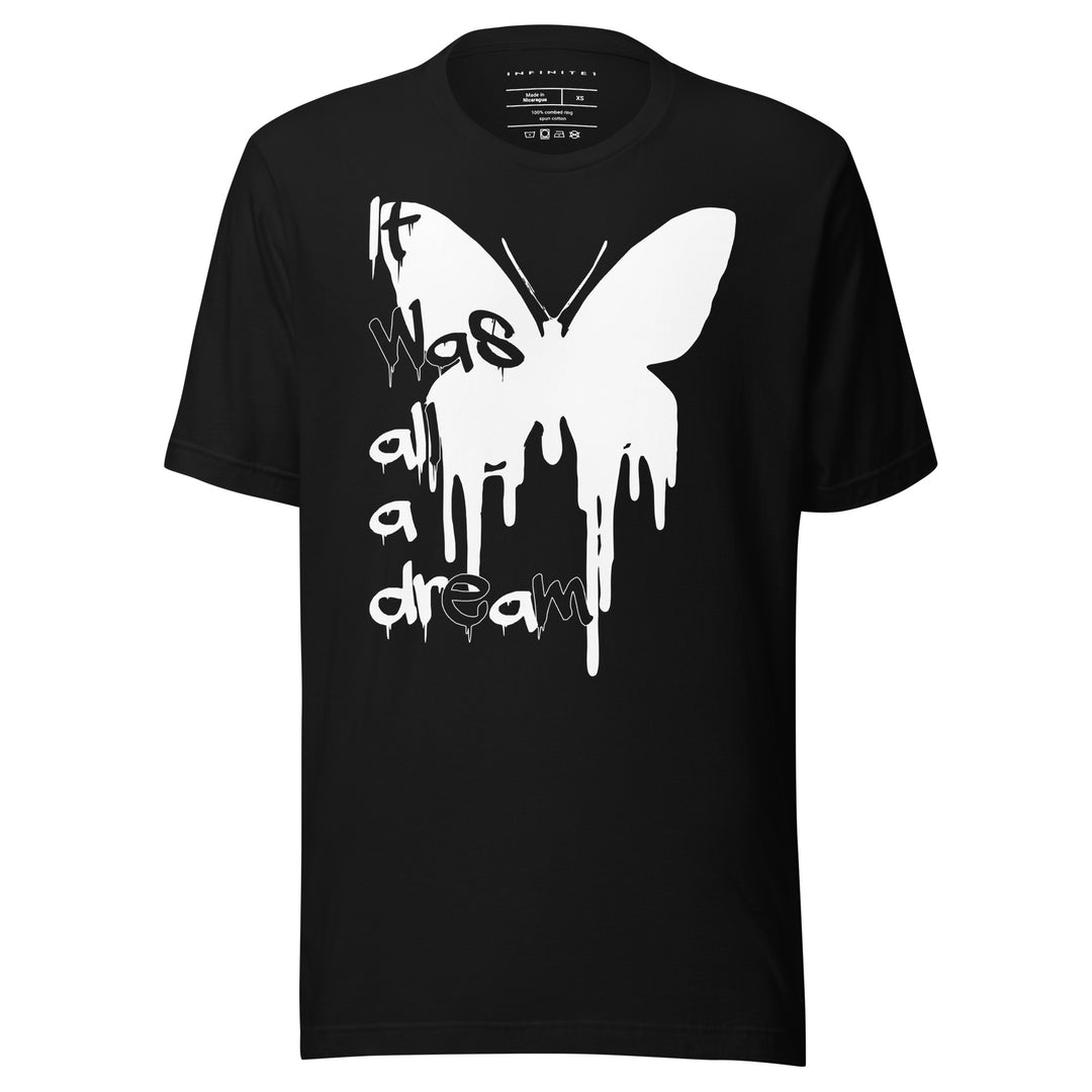 Melting Butterfly And Slogan Graphic Tee, front view.