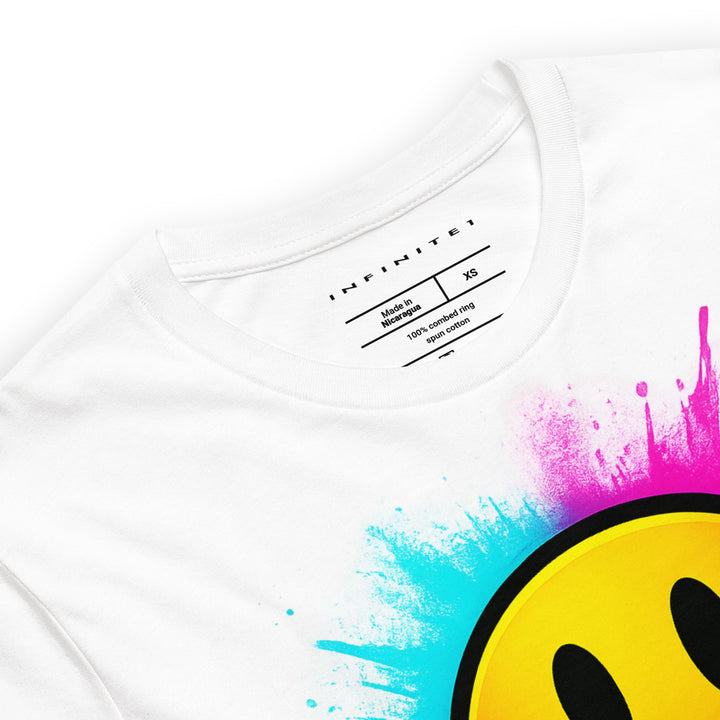 Melting Smiley Face Graphic Tee, close-up front view.