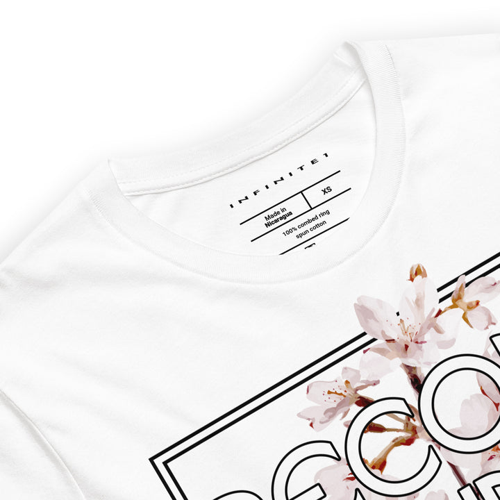 Men’s Brand Slogan And Flowers Graphic Tee, close-up front view.