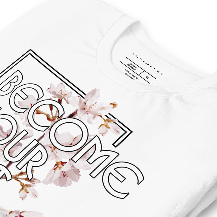 Men’s Brand Slogan And Flowers Graphic Tee, folded front left view.