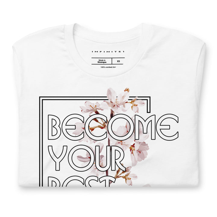 Men’s Brand Slogan And Flowers Graphic Tee, folded front view.