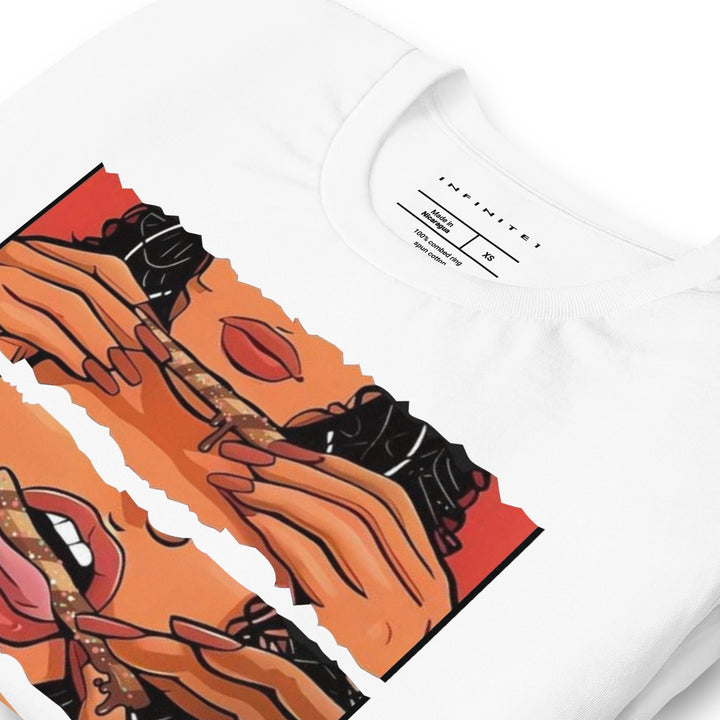 Men's Candy Girl Culture Theme Graphic Tee, folded front left view.