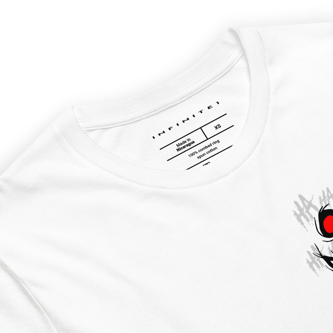 Men’s Evil Grin And Slogan Short Sleeve Graphic Tee, close-up front view.