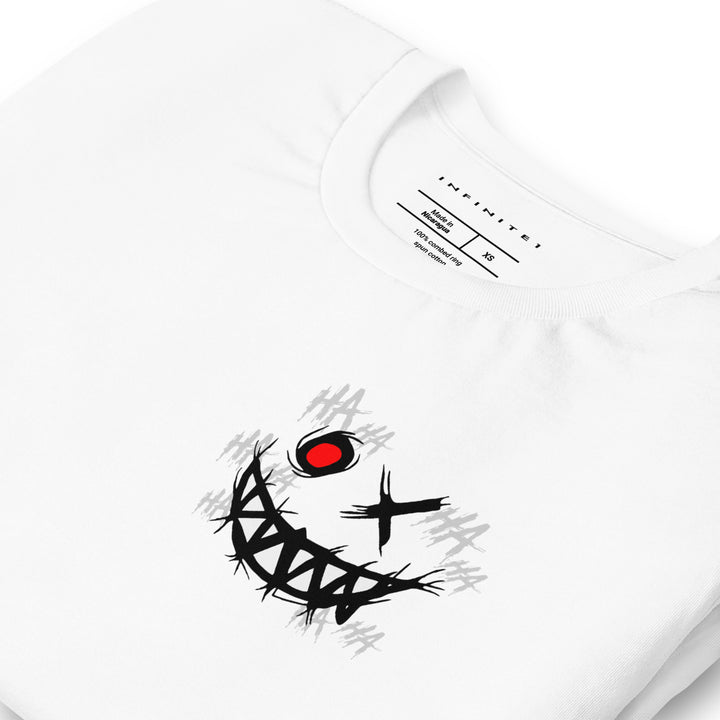 Men’s Evil Grin And Slogan Short Sleeve Graphic Tee, folded front left view.
