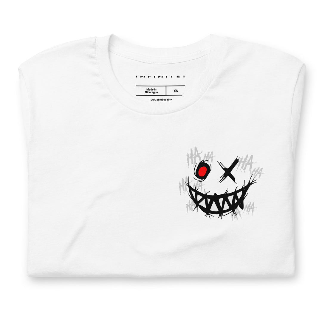 Men’s Evil Grin And Slogan Short Sleeve Graphic Tee, folded front view.