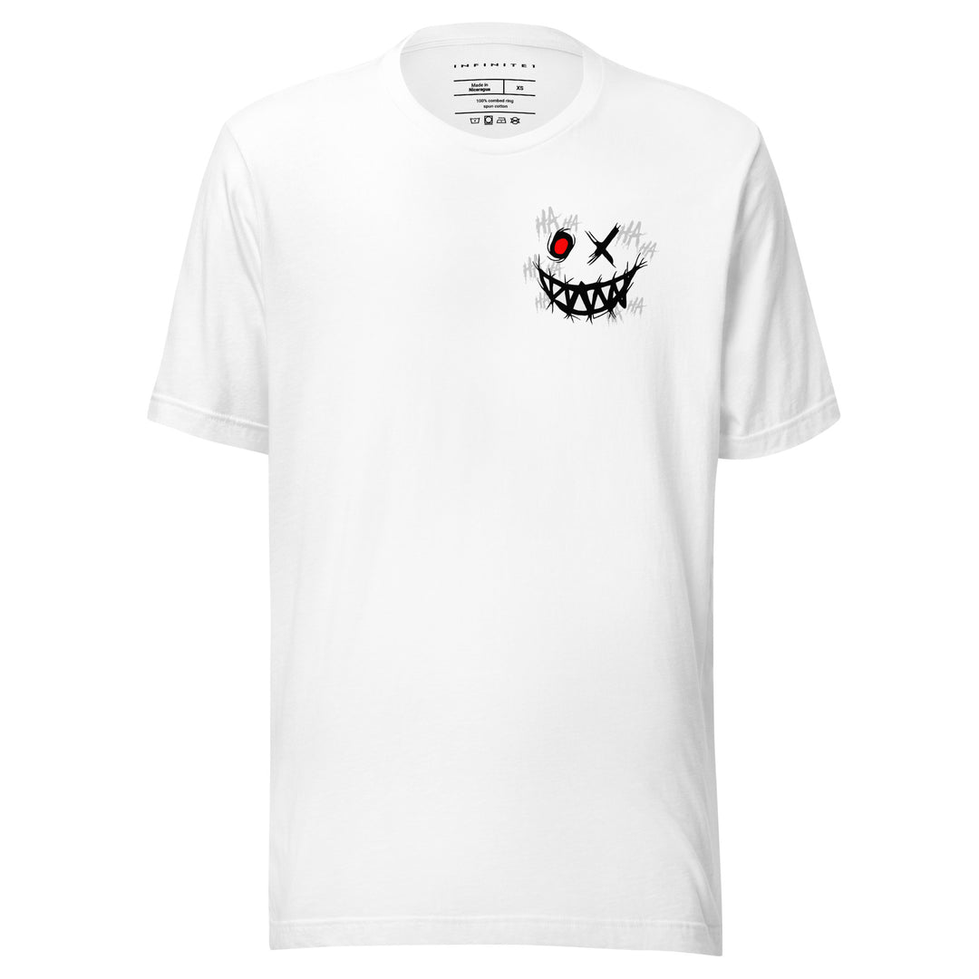Men’s Evil Grin And Slogan Short Sleeve Graphic Tee, front view.