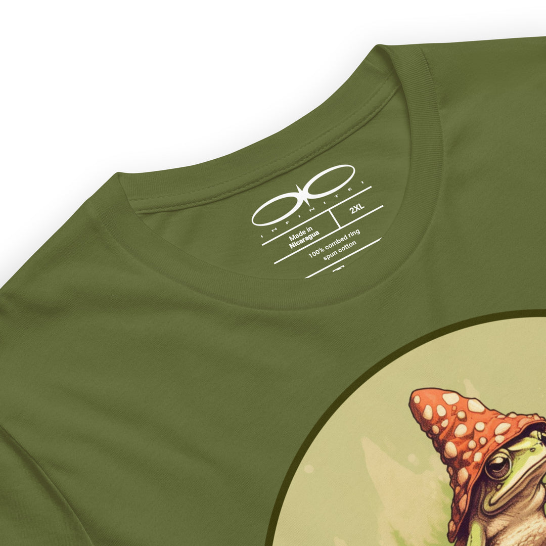 Men's Frog On A Mushroom Graphic T-shirt, close-up front view.
