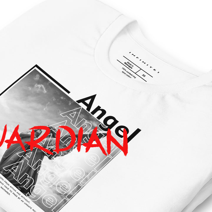 Men's Guardian Angel And Slogan Graphic Tee, folded front left view.