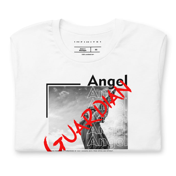 Men's Guardian Angel And Slogan Graphic Tee, folded front view.