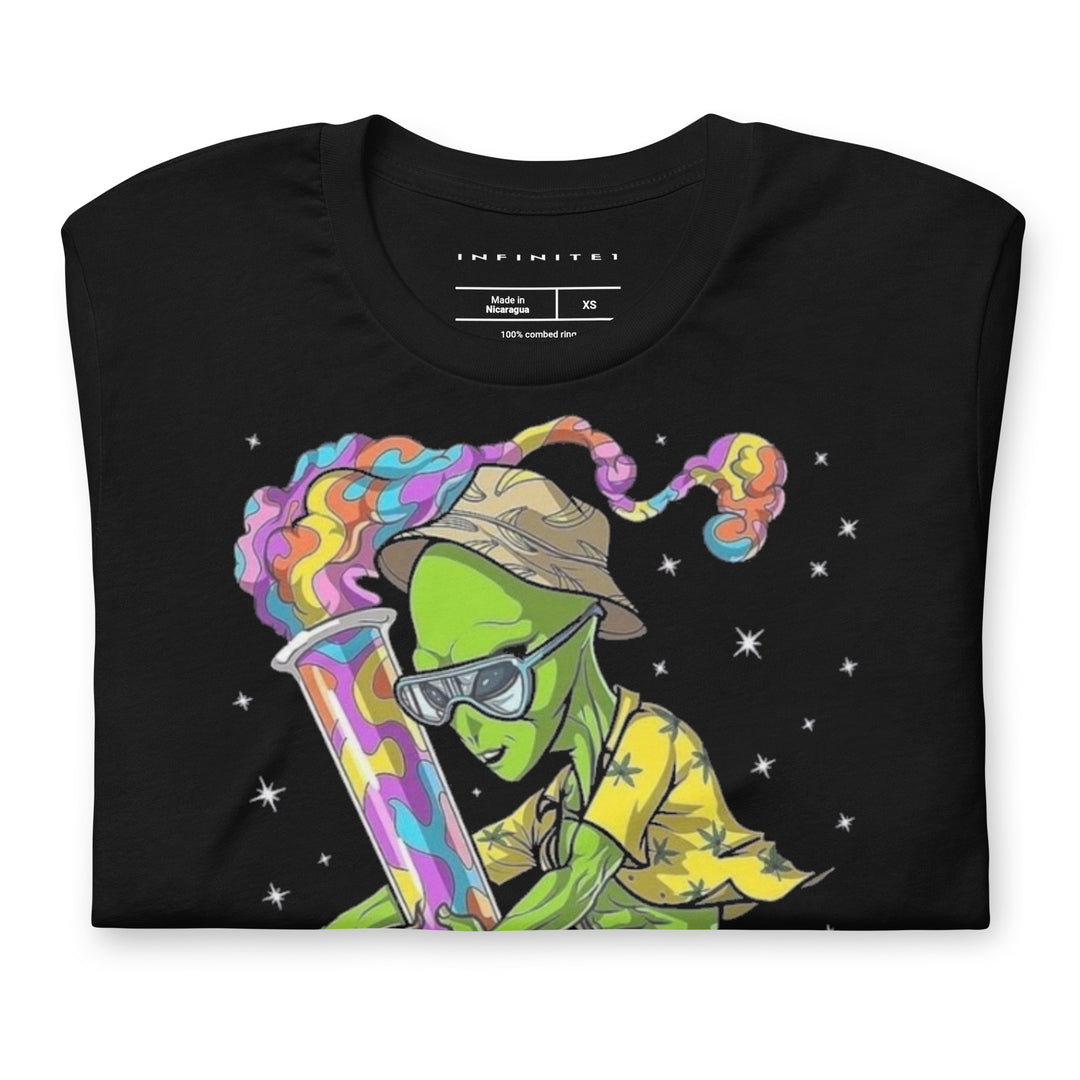 Men’s Martian And Bong Theme Graphic Tee, folded front view.