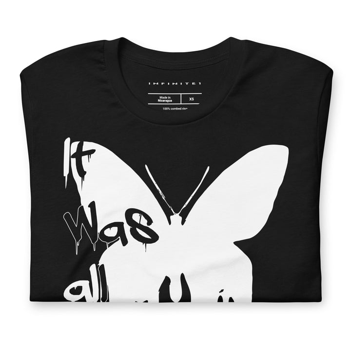 Men’s Melting Butterfly And Slogan Graphic Tee, folded front view.