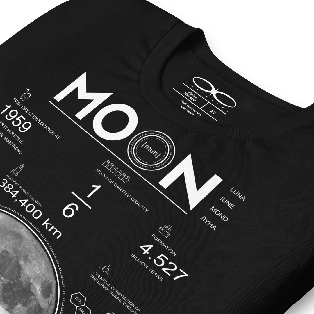 Men's Moon And Lunar Data Graphic Tee, folded close up front left view.