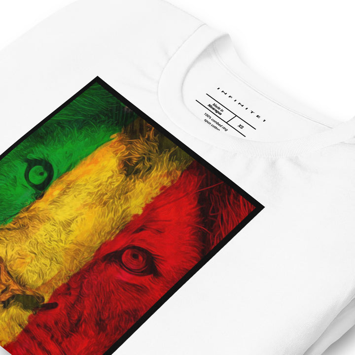 Men's Rasta Lion Theme Graphic Tee, folded front left view.