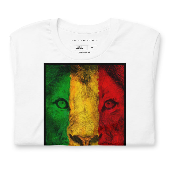 Men's Rasta Lion Theme Graphic Tee, folded front view.