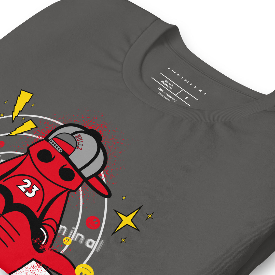 Men's Subliminal Bull Cartoon Character Casual Tee, folded front left view.