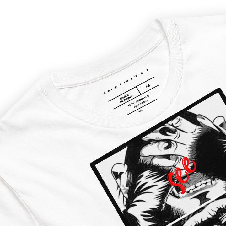 Men's Three Monkeys And No Evil Theme Concept T-shirt, close-up front view.